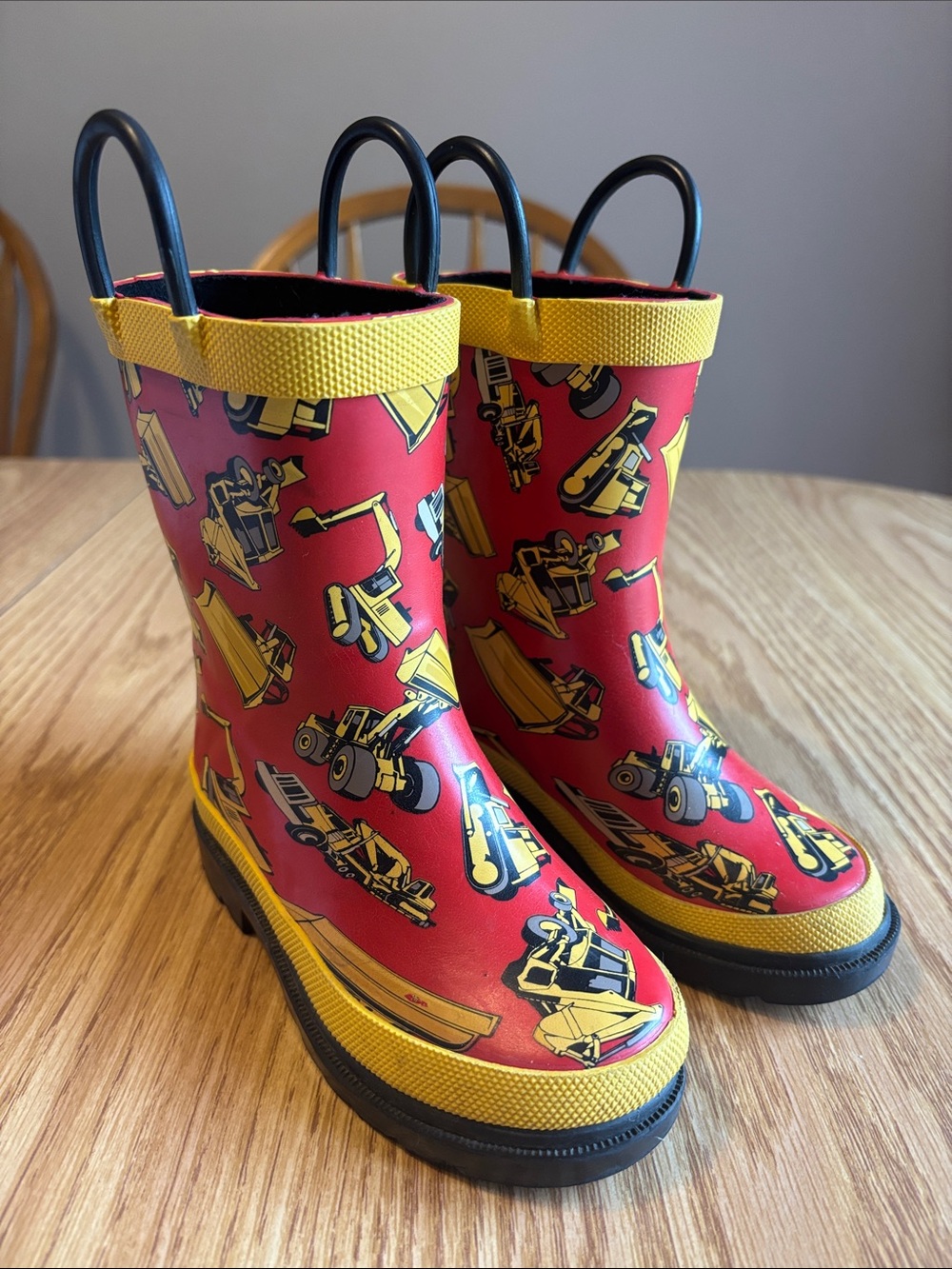 Kids Waterproof Red Construction-Print Rain Boots with Yellow Accents
